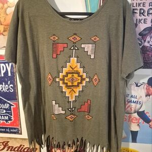 Green Aztec Western Fringe Top